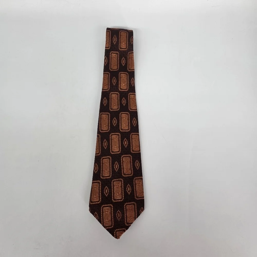 VINTAGE 60s 70s Majestic Acetate Brown Geometric Block Tie Wrinkleproof France